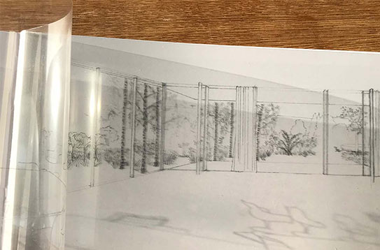 Visualisierung als analoge Animation: Bleistiftzeichnungen der Gartenplanung auf Folie gedruckt, Märkische Schweiz Visualisierung als analoge Animation: Bleistiftzeichnungen der Gartenplanung auf Folie gedruckt, Märkische Schweiz