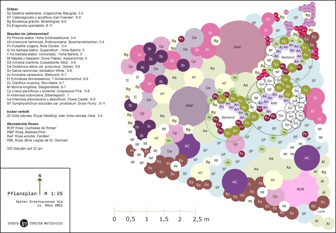 Ein Pflanzplan von Rosa über Altrosa und Rot bis Pink.