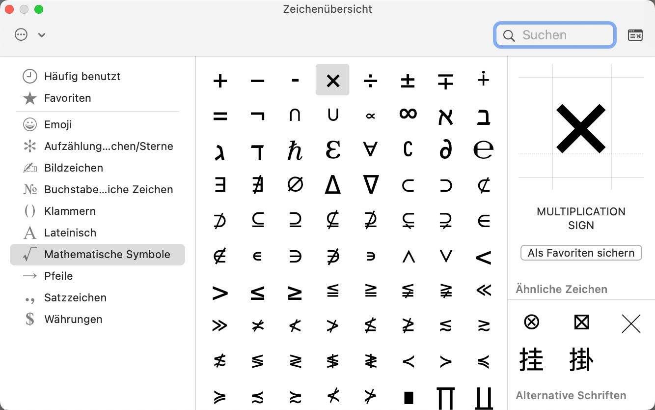 Auf Computern mit einem angebissenen Apfel gibt es die sogenannte Zeichentabelle, wo nach MULTIPLICATION SIGN gesucht wird.
