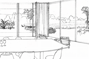 Visalisierung der Pflanzplanung: Bleistiftzeichnungen der Innenraumperspektive auf die Entwicklung des Gartens in Oberbarnim, Märkische Schweiz