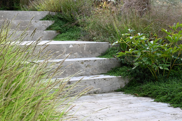 Die Treppe ist gesäumt von Herbstkopfgras und Kaskaden-Thymian mit dem schönen Namen Thymus longicaulis subsp. odoratus.